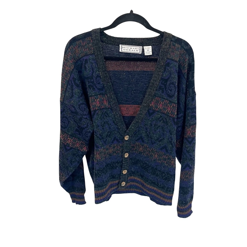 Vintage 90s Michael Gerald‎ Mens Cardigan Sweater Geometric Print Size Medium
